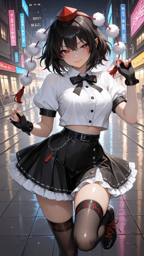 shameimaru aya, 1girl, solo, red eyes, black hair, tokin hat, collared shirt, white shirt, short sleeves, black bow, black skirt, frilled skirt, high quality, perfect photography, ultra-detailed, glitter eye makeup, dramatic long eyelashes,hip-hop idol fus...