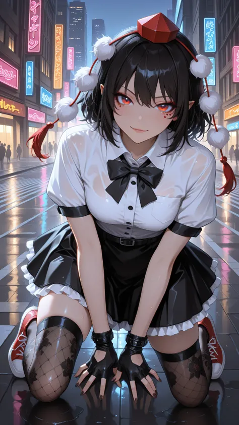 shameimaru aya, 1girl, solo, red eyes, black hair, tokin hat, collared shirt, white shirt, short sleeves, black bow, black skirt, frilled skirt, high quality, perfect photography, ultra-detailed, glitter eye makeup, dramatic long eyelashes,hip-hop idol fus...