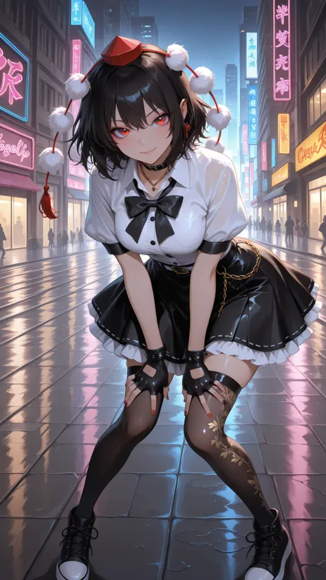 shameimaru aya, 1girl, solo, red eyes, black hair, tokin hat, collared shirt, white shirt, short sleeves, black bow, black skirt, frilled skirt, high quality, perfect photography, ultra-detailed, glitter eye makeup, dramatic long eyelashes,hip-hop idol fus...