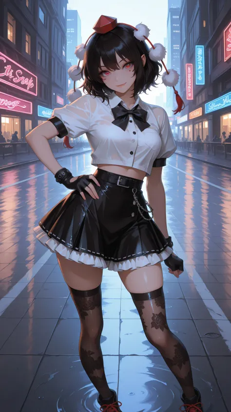 shameimaru aya, 1girl, solo, red eyes, black hair, tokin hat, collared shirt, white shirt, short sleeves, black bow, black skirt, frilled skirt, high quality, perfect photography, ultra-detailed, glitter eye makeup, dramatic long eyelashes,hip-hop idol fus...