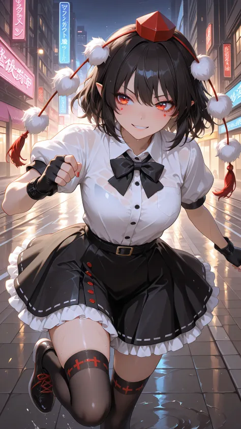 shameimaru aya, 1girl, solo, red eyes, black hair, tokin hat, collared shirt, white shirt, short sleeves, black bow, black skirt, frilled skirt, high quality, perfect photography, ultra-detailed, glitter eye makeup, dramatic long eyelashes,hip-hop idol fus...