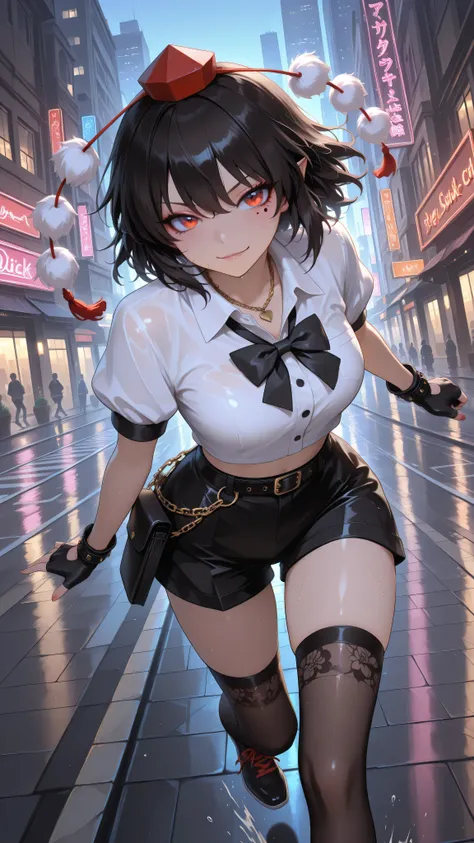 shameimaru aya, 1girl, solo, red eyes, black hair, tokin hat, collared shirt, white shirt, short sleeves, black bow, high quality, perfect photography, ultra-detailed, glitter eye makeup, dramatic long eyelashes,hip-hop idol fusion style, street-fashion ou...