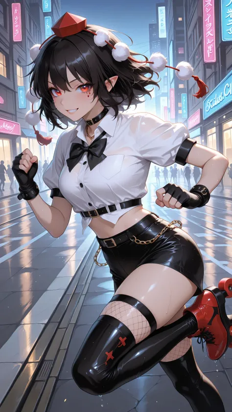 side view, shameimaru aya, 1girl, solo, red eyes, black hair, tokin hat, collared shirt, white shirt, short sleeves, black bow, high quality, perfect photography, ultra-detailed, glitter eye makeup, dramatic long eyelashes,hip-hop idol fusion style, street...