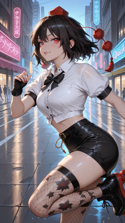 side view, shameimaru aya, 1girl, solo, red eyes, black hair, tokin hat, collared shirt, white shirt, short sleeves, black bow, high quality, perfect photography, ultra-detailed, glitter eye makeup, dramatic long eyelashes,hip-hop idol fusion style, street...