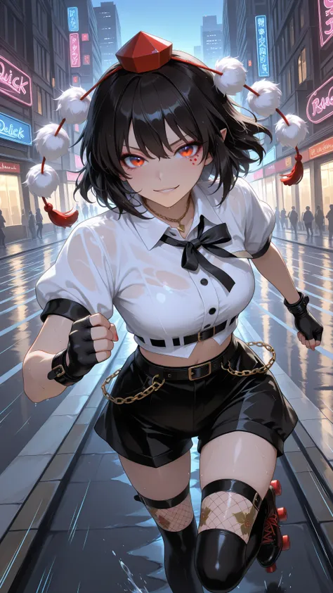shameimaru aya, 1girl, solo, red eyes, black hair, tokin hat, collared shirt, white shirt, short sleeves, black bow, high quality, perfect photography, ultra-detailed, glitter eye makeup, dramatic long eyelashes,hip-hop idol fusion style, street-fashion ou...