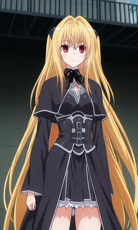 1female, solo, Konjiki no Yami, blond hair, long hair, red eyes, grim, black dress, rooftops, school, female focus High School DxD Hero Style,