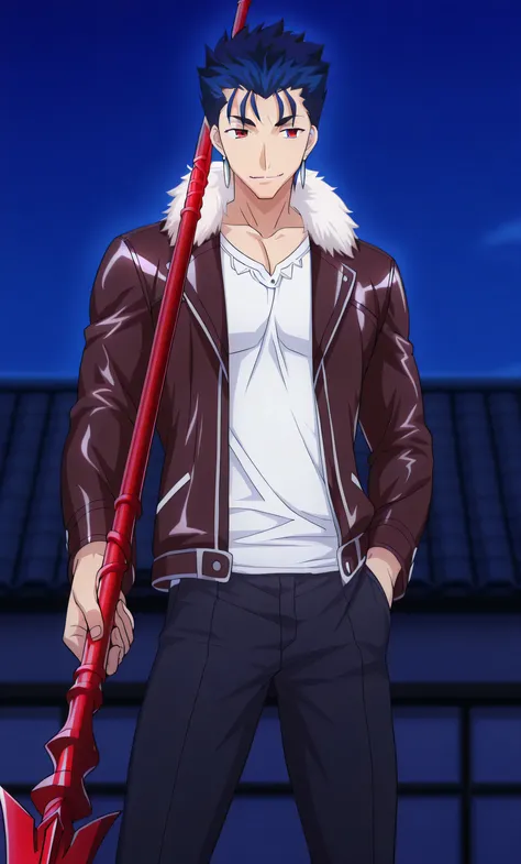 male, solo, Cu Chulainn, dark blue hair, short hair, red eyes, smirk, fur black leather jacket, white shirt, black pants, red spear, rooftops, night, male focus High School DxD Hero Style,