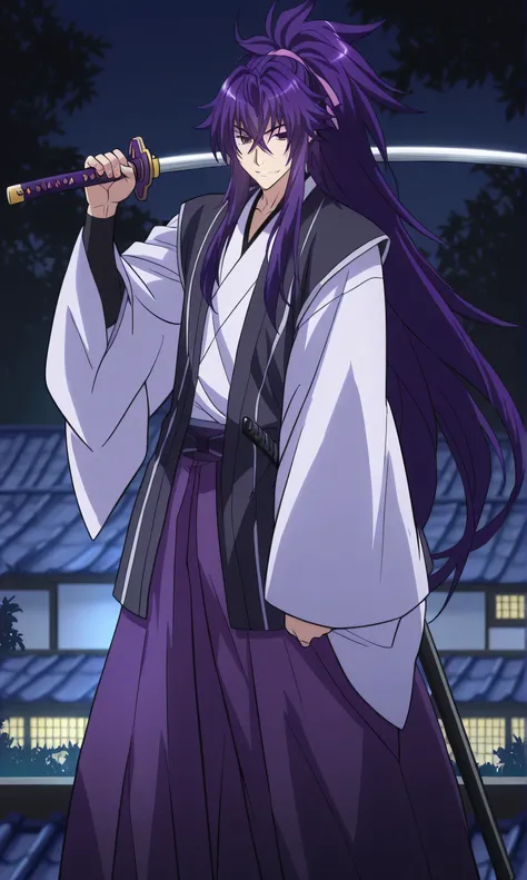 male, solo, purple hair, long hair, ponytail-hair, purple eyes, smirk, purple hakama, katana, rooftops, night, male focus High School DxD Hero Style,