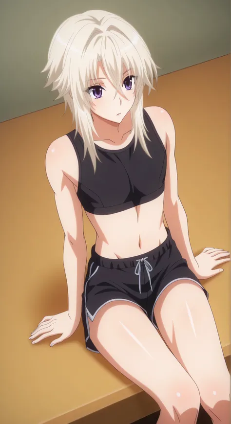 Female, solo, Zeta, platinum-blond hair, medium hair, purple eyes, grim, sport bra, black hot-shorts, sitting, male focus High School DxD Hero Style,