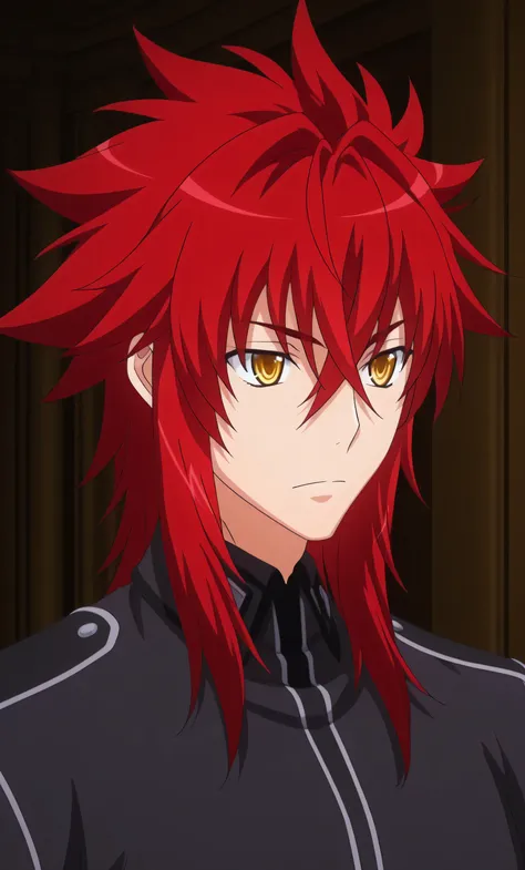 male, solo, Suoh Mikoto, red hair, medium hair, spiked hair, yellow eyes, grim, black germany military costume , muscle, luxury mansion, portrait, High School DxD Hero Style,