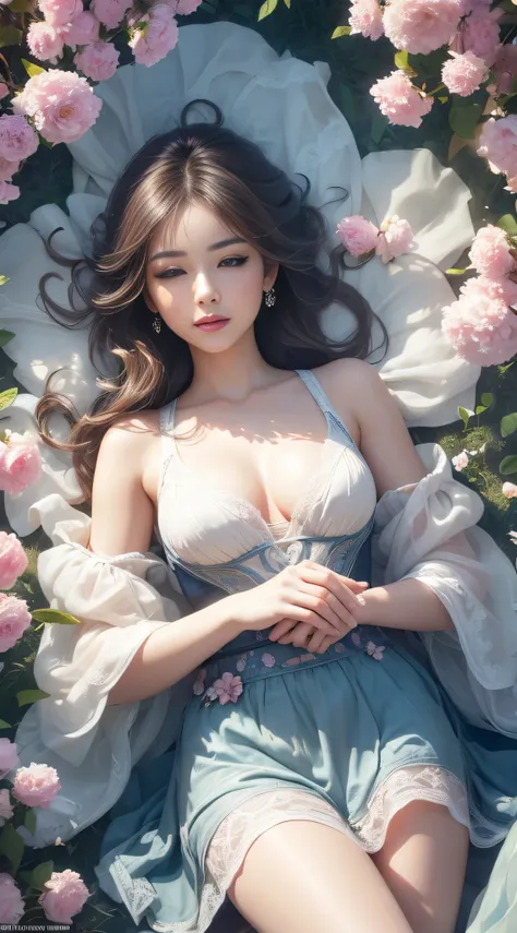 Ultra-high definition 8K achieves 1.2-point photorealistic image quality, creating a timeless and elegant masterpiece. This scene focuses sharply on a beautiful young girl asleep in bed, her dream manifesting as dancing in a magical, flower-filled garden. ...