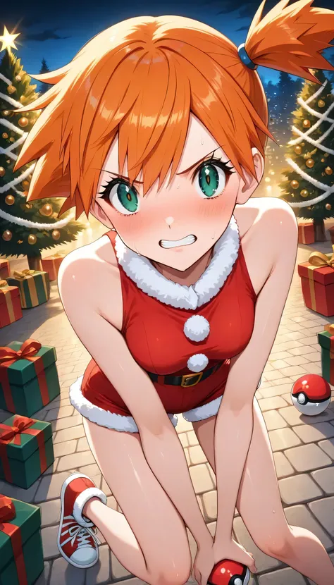(Misty: 1girl, and, green eyes, orange hair, Bang, side ponytail, Hair tie, short hair,  Santa Outfits, Santa's shorts, Bare legs, , red sneakers),solo, While holding a Pokémon PokéBall 1.2, Christmas tree,illuminations,Volume Lighting,Christmas gifts,nigh...