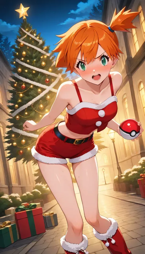 (Misty: 1girl, and, green eyes, orange hair, Bang, side ponytail, Hair tie, short hair,  Santa Outfits, Santa's shorts, Bare legs, , red short sheepskin boots),solo, While holding a Pokémon PokéBall 1.2, Christmas tree,illuminations,Volume Lighting,Christm...