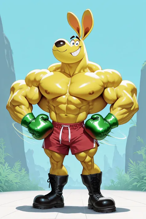 a giant muscles boxing kangaroo, yellow skin, green boxing gloves, red shorts, bigger cartoon eyes, big ears, big feets, black boots, muscular body, full body, macro size, giant size, 50-foot size, 100-feet tall, hypercartoon, 4K, 8K, 24K, intricate detail...