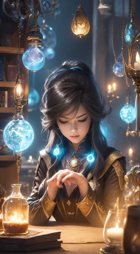 Create an ultra-high-definition 8K resolution image with 1.2-point photorealistic detail, capturing a timeless and elegant masterpiece. The scene is set in a Wizard's shop selling dreams, filled with dream posters hanging inside, creating a magical and mys...