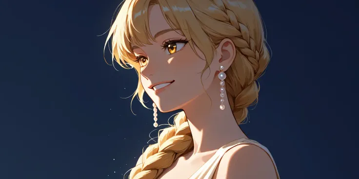 Anime girl with blonde braided hair with bangs, golden eyes, smiling, wearing a light elegant dress and pearl earrings, warm soft lighting with gentle shadows, dark navy blue background, clean and polished art style.