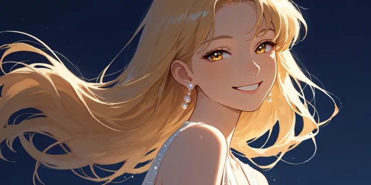 Anime girl with blonde hair, golden eyes, smiling, wearing a light elegant dress and pearl earrings, warm soft lighting with gentle shadows, dark navy blue background, clean and polished art style.