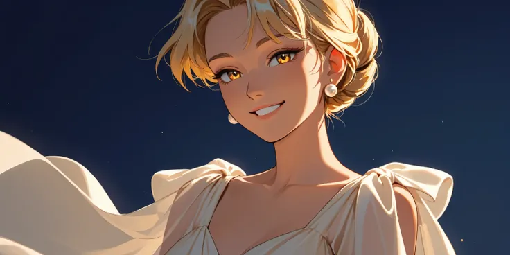 Anime girl with blonde loosely tied hair with bangs, golden eyes, smiling, wearing a light elegant dress and pearl earrings, warm soft lighting with gentle shadows, dark navy blue background, clean and polished art style.