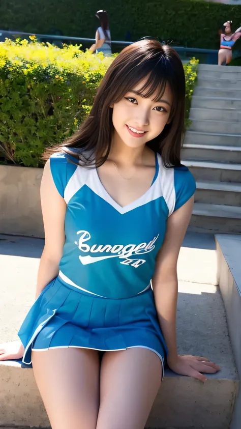 Unrivaled Masterpiece)),((parks)),((MORE INFO、Ultra High Accuracy)),((Realistic,8kWallpaper,accurate face))Panchira、cheerleader、cheerleading costume sitting on stairs etc,Stadium、Bulma、Smile Yang with a middle-aged man、cute、階段などに座っている、miniskirt、bungs、good ...