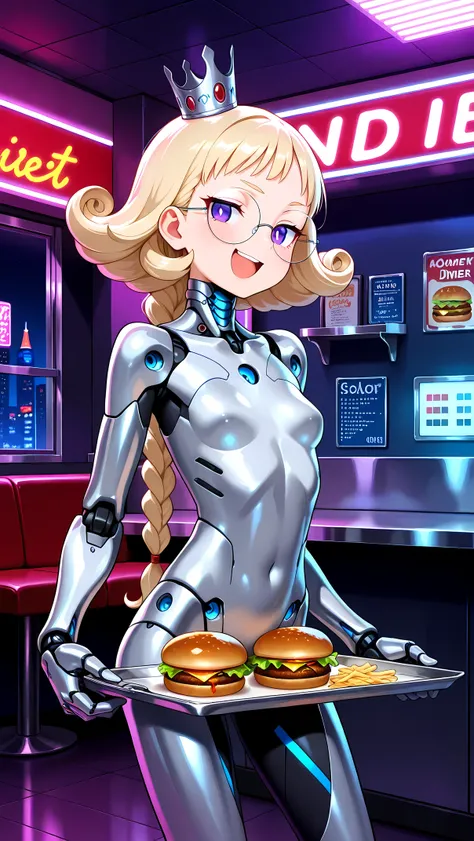 1girl, solo, original, skinny, small breasts, (mature female:1.2), blonde hair, curly hair, flipped hair, one braid, long braid, wispy bangs, round glasses, small glasses, violet eyes, eyelashes, small crown, clavicle, silver body, mechanical torso, mechan...
