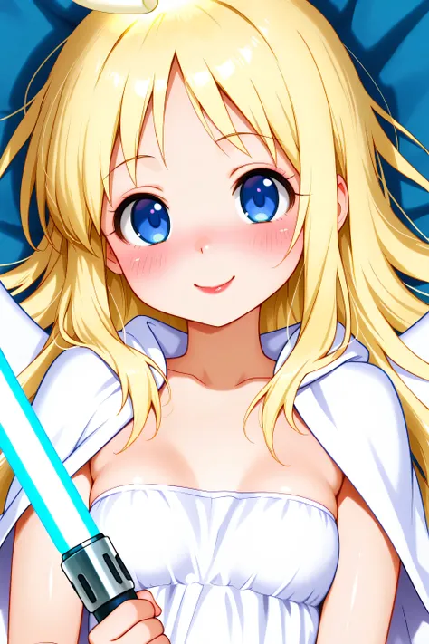 white latex jedi robe, short robe, blue lightsaber, blue light saber in hand, crimvael, blue eyes, blonde hair, long hair, angel, halo, angel wings, otonoko, small breasts, 1girl, solo, , masterpiece, dakimakura, high resolution, blush,  looking at viewer,...