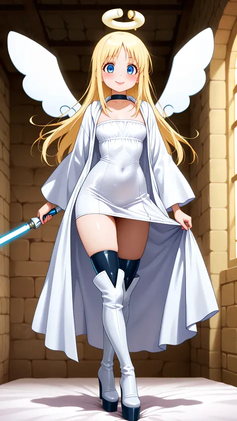 white latex jedi robe, short robe, blue lightsaber, blue light saber in hand, crimvael, blue eyes, blonde hair, long hair, angel, halo, angel wings,, 1girl, solo, white high heels BOOTS, thigh-high boots, 8 inch heels,  platform boots, masterpiece, dakimak...