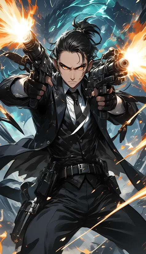 High Quality、high image quality、Flowing Black、Butler holding two machine guns、Velocity Line、motion blur、overwhelming depiction of dragons、ACTION SCENE、Prism light on machine gun、REALISTIC WEAPONS