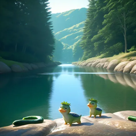  cucumber,cute,Kappa,nature,Quiet River,Clear water,Lush Scenery,warm light,relaxed atmosphere,realistic 3d rendering,Photorealistic,8k ultra high definition,HDR,professional,detail best,beautiful color,natureの祭典, will heal