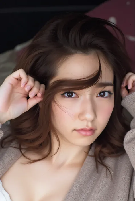 (full body shot:1)   Picture  のようなリアルな画像の (Lying Pose:1) Woman, super real,   Picture  , long hair, Woman, 24 years old, body shape in the shape of a watch , perfect body, big boobs、big boobs、Frivolous look, natural medium breasts , Blurry Background,  she...