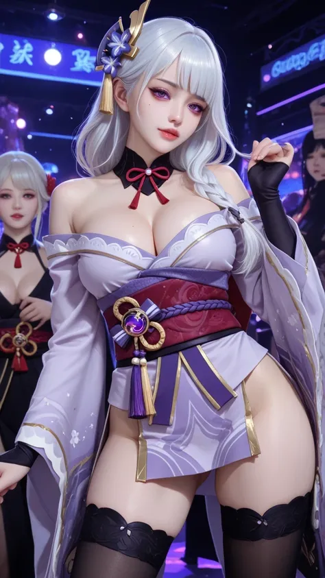 raiden shogun, braid, braided ponytail, hair flower, hair ornament, long hair, mole, mole under eye, purple eyes, purple flower, white hair, single braid, sidelocks,,black gloves, black thighhighs, bridal gauntlets, cleavage, gloves, gold trim, japanese cl...
