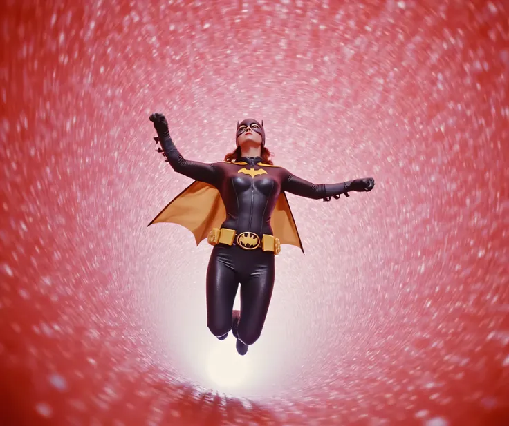 Dramatic lighting, dark shadows, technicolor film still, ((( dynamic angle, looking at her from below her feet))), a woman falls head -first into a red tornado vortex, chtistina ricci with dark red hair, eye makeup and lipstick, dressed as Batgirl, she is ...