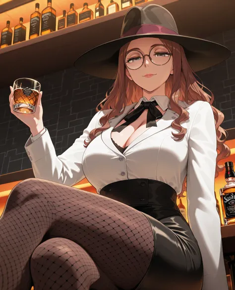 masterpiece,best quality,amazing quality, absurdres, 8k, closeup, low angle, upper body focus, sylvia sherwood, 1girl, black hat, reddish-brown hair, long wavy hair, gray eyes, round glasses, half-lidded eyes, satisfied, lips, looking at viewer, white coll...