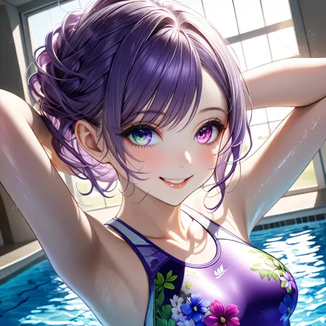 ((Top quality, 8K, highest resolution, masterpiece, ultra-realistic)), ((Wearing a beautiful green competition swimsuit with a floral print)), ((Beautiful competitive swimmer)), ((Heterochromia, golden eyes, purple eyes)), ((Metaphor for sparkling, delicat...
