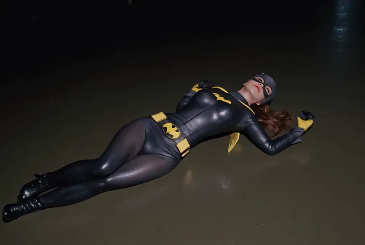 (((Nighttime, dark))), (((dynamic angle)))The setting is night time in a dark alley. Rain is falling. looking down at a full body image of Christina Ricci (((covered with water droplets,))) with dark red hair dressed as batgirl in a charcoal gray rubber ...
