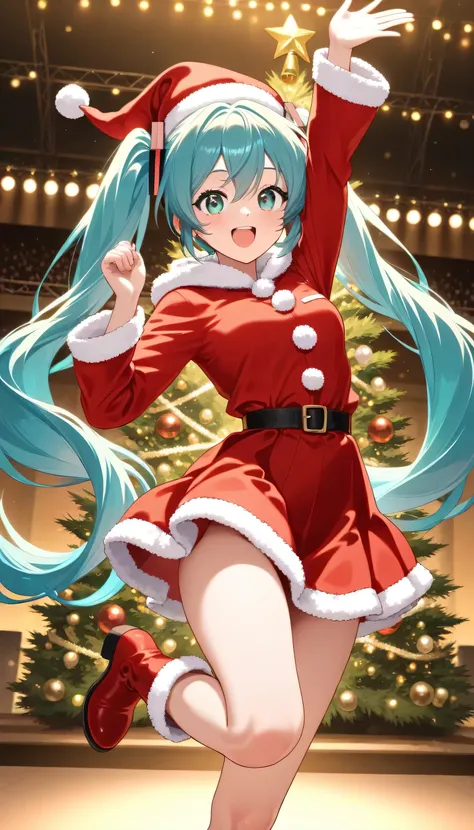 Super Detailed,top quality,high image quality,8k,Hatsune Miku,  Santa Outfits, red miniskirt, Santa Hat, Red Short Boots,Bright, perfect hand, Christmas tree, Illuminations,Volume Lighting, Live Lighting, concert stage,cowboy shot, jump,Stretch Your Arms