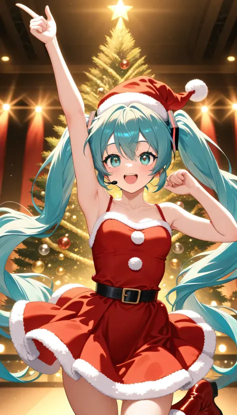 Super Detailed,top quality,high image quality,8k,Hatsune Miku,  Santa Outfits, red miniskirt, Santa Hat, Red Short Boots,Bright, perfect hand, Christmas tree, Illuminations,Volume Lighting, Live Lighting, concert stage,cowboy shot, jump,Stretch Your Arms