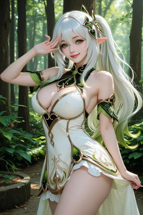 Nahida, nahida \(genshin impact\), green eyes, dress, white dress, pointy ears, cross-shaped pupils, symbol-shaped pupils, + +, very long straight hair, white hair, multicolored hair, hair ornament, ,intricate_details_xl,realistic long silver hair chinese...