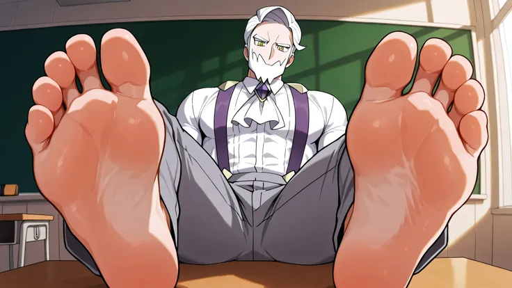 1 male, drayden_pokemon, white hair, yellow eyes, muscular, huge feet, extreme close up on feet, seated, in classroom, relaxing at teacher’s desk, grey pants, white shirt, purple suspenders, barefoot, five toes, wearing clothes, looking down at viewer, tea...