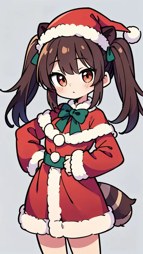 anime style、 cool face、 womanhood1people、 Raccoon Ears、brown hair、Twin Tails、 Raccoon dog tail、Santa Claus clothes、Santa Hat、simple background