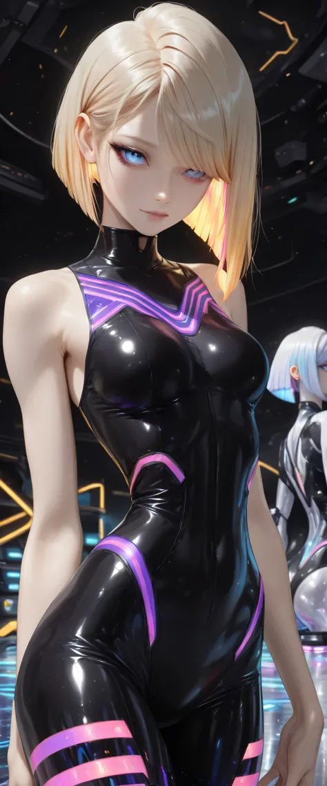  RAW digital art, ultra-realistic 3D render of a stunning woman resembling a futuristic cyberpunk protagonist, ((young woman)), ((highly detailed face:1.3)), ((perfectly proportioned oval face, delicate feminine yet androgynous features:1.3)), ((skinny, sl...