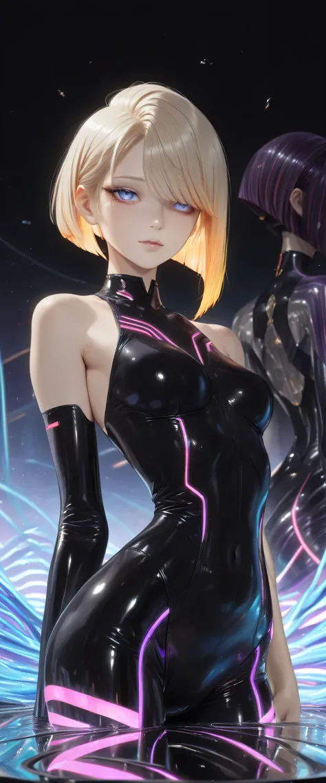  RAW digital art, ultra-realistic 3D render of a stunning woman resembling a futuristic cyberpunk protagonist, ((young woman)), ((highly detailed face:1.3)), ((perfectly proportioned oval face, delicate feminine yet androgynous features:1.3)), ((skinny, sl...