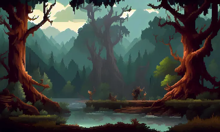 pixelart 2d stylized create an image of a dark and forbidding forest, with twisted trees, gnarled roots, and eerie sounds. show ...