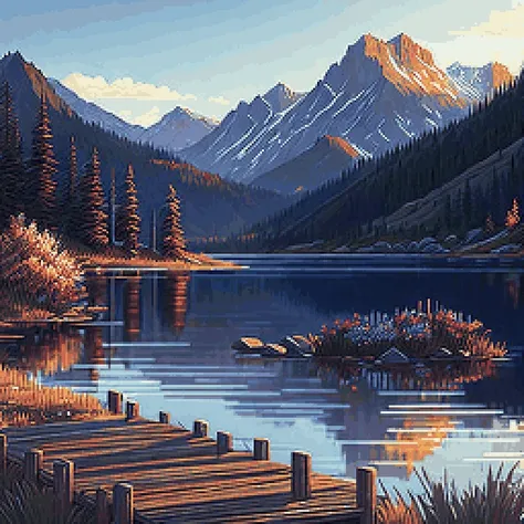 pixelart photorealistic stylized a photo of a peaceful lake with a wooden dock, a distant mountain range, and blooming wildflowe...