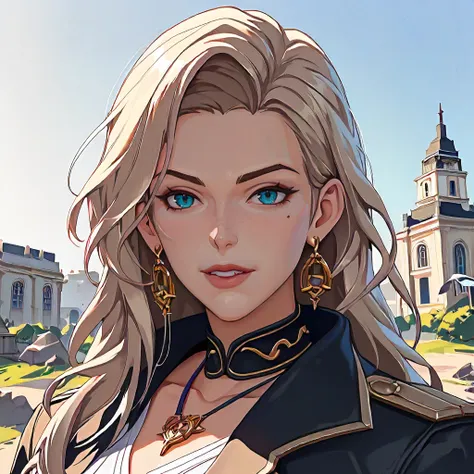 a woman with blonde hair and blue eyes standing in front of a castle