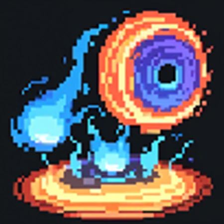 a close up of a pixel object with a blue and orange object