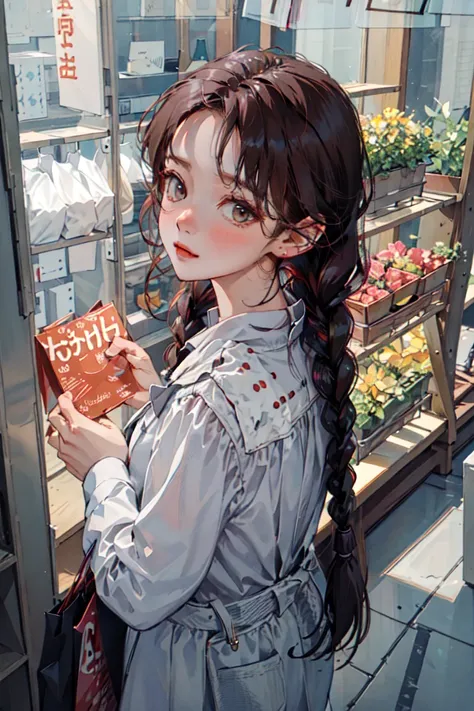 <lora:koreanponytaillora_v10:1:np>, kr-pny, twin braids, parted bangs, 1girl, a girl enjoys shopping while looking at the sparkl...