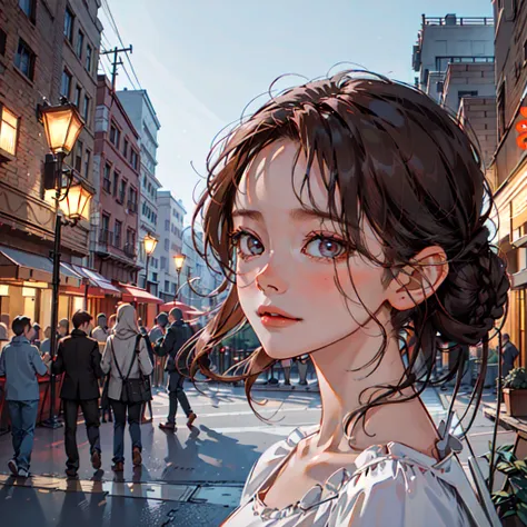 <lora:koreanponytaillora_v10:1:np>, kr-pny, braided bun,  parted bangs, 1girl, portrait, a girl walking down a boulevard in a bi...