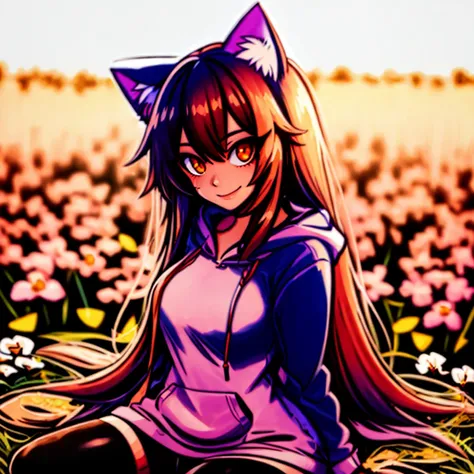 1girl, cat_ears, hoodie, hood_down, in a field of flowers, wariza, (flat chest:0.6), seductive smile, surrounded by flowers, 
<lora:marker:0.5>    <lora:Flat_Cute_Style-000004:1.0>