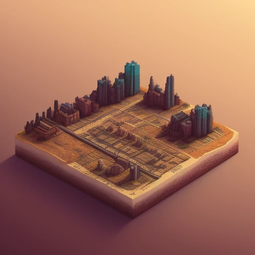 duskametric15 microworlds post apocalyptic isometric cutaway scenery landscape of a city on a desert road, postmodern concept ar...