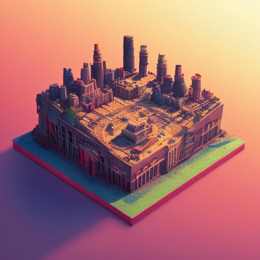 duskametric15 microworlds post apocalyptic isometric cutaway scenery landscape of a city on a desert road, postmodern concept ar...